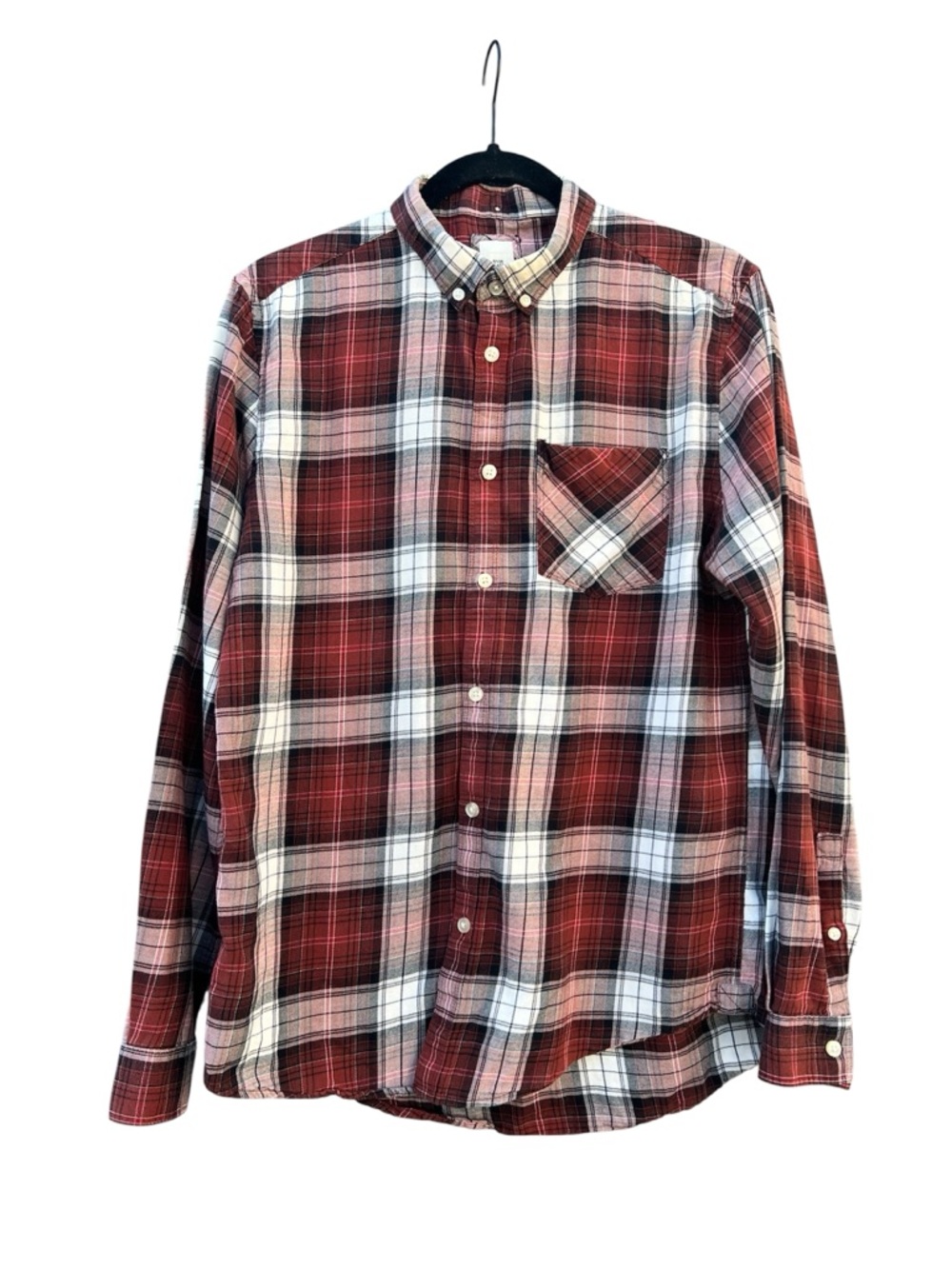 River Island Men's Medium Maroon Plaid Button Down Long Sleeve Casual Shirt